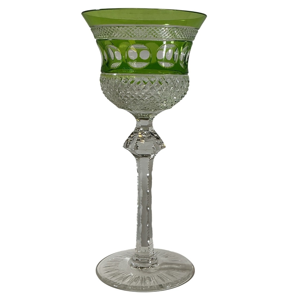 Vintage Green Cut to Clear Crystal Wine Hock Tall Stem Faceted Glassware - Picture 3 of 9